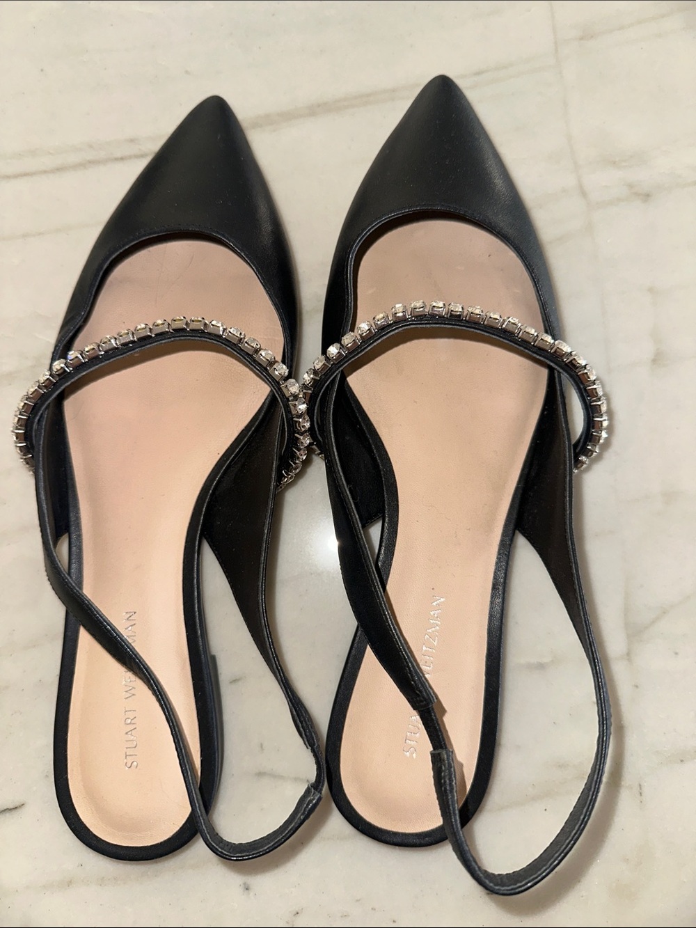 Stuart Weitzman Black Pointed Slingback Flats with Crystal Strap